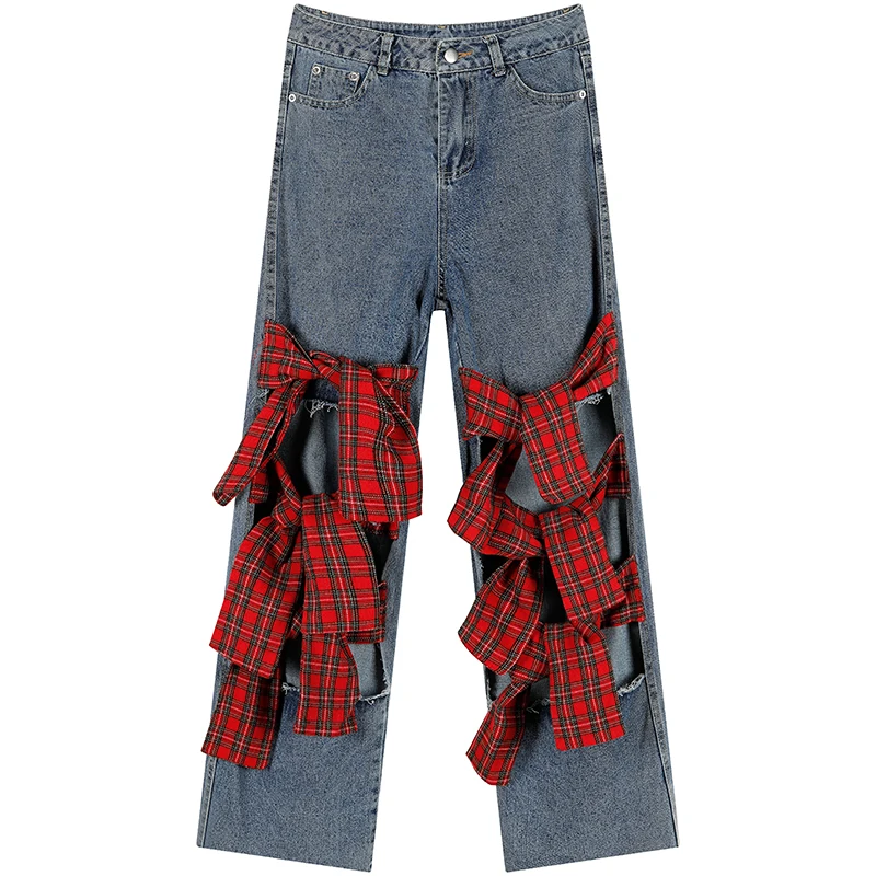 

SuperAen Colored Jeans Women 2021 New High-waisted Slim Straight Patch Designs Pants