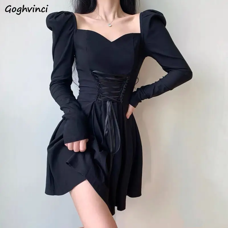 

Puff Sleeve Dress Women V-neck Mini Leisure Lace-up Fashion Autumn New All-match Solid Simple Cozy Streetwear Mujer Korean Style