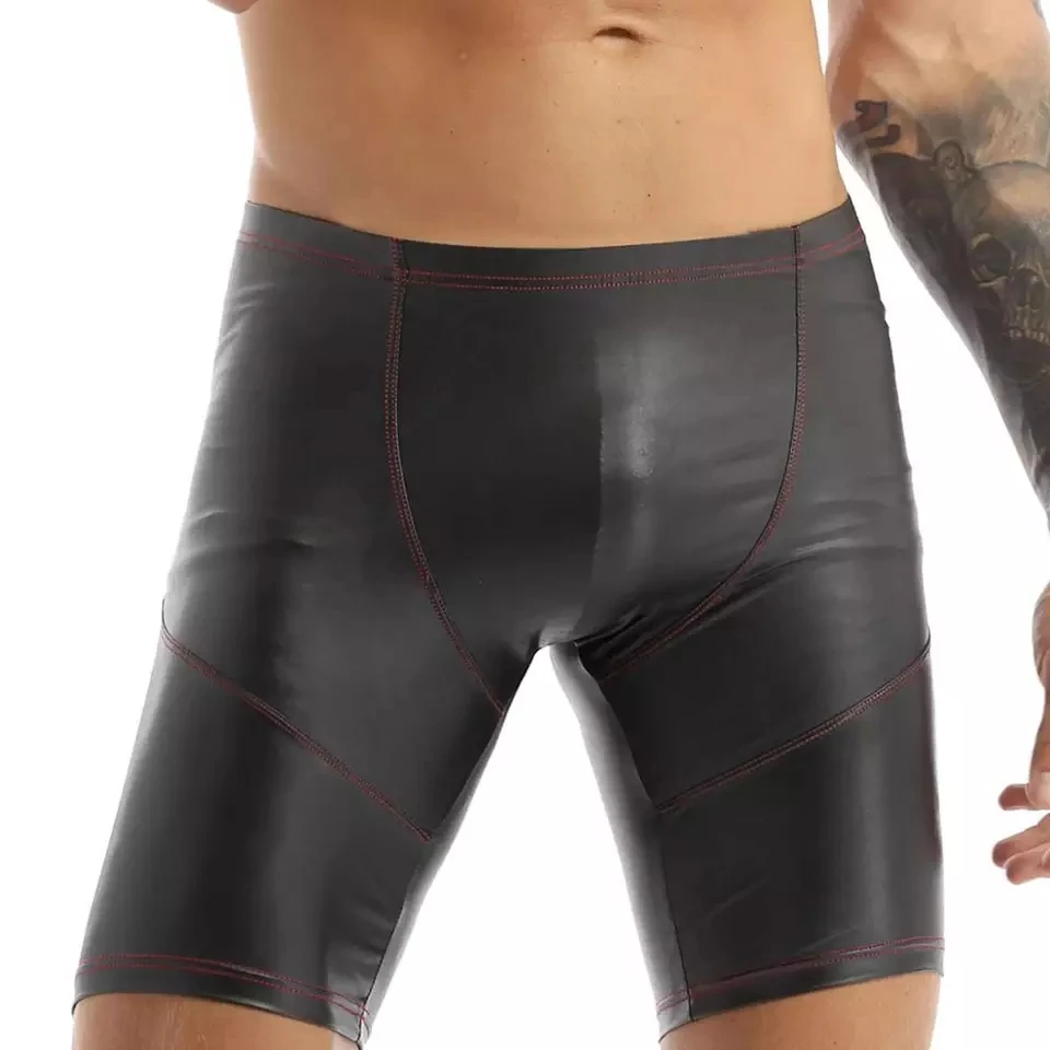 

Mens Sexy Leather Lingerie Short Pants Latex Shaping Sheath Casual Shorts Male Metallic Leather Leggings Stretch Bulge Pouch