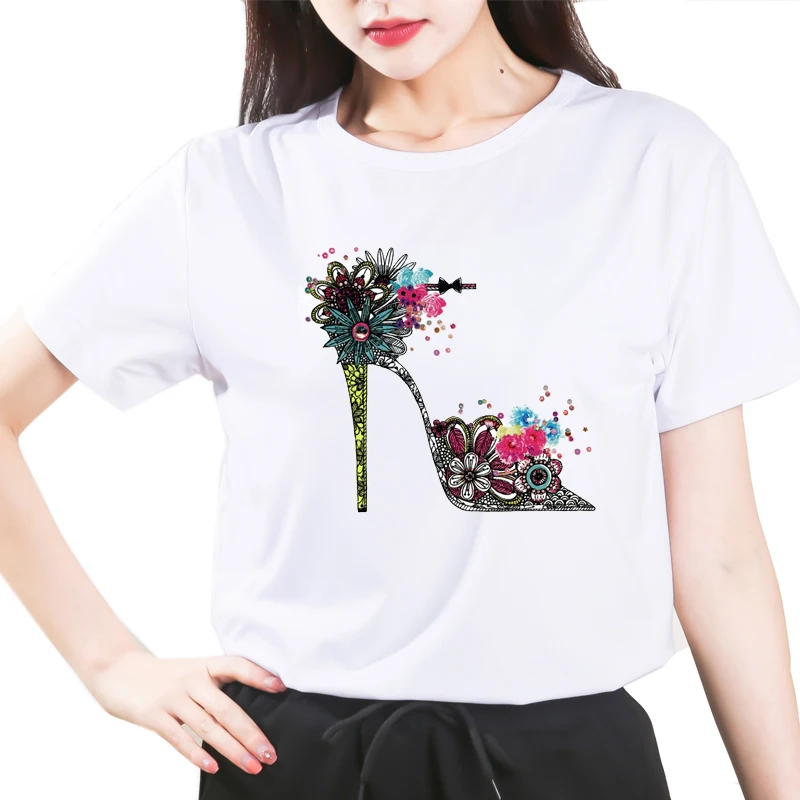 

Fashion new watercolor high heels printed T-shirt women 90s hip-hop punk casual T shirt Summer Harajuku trendy streetwear Tshirt
