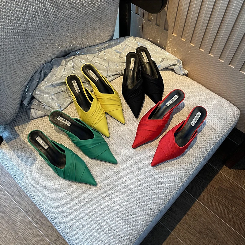 Zapatillas de moda para mujer, zapatos de tacón medio fino, sin cordones, punta estrecha, tallas 35-39, negro, verde, amarillo y rojo