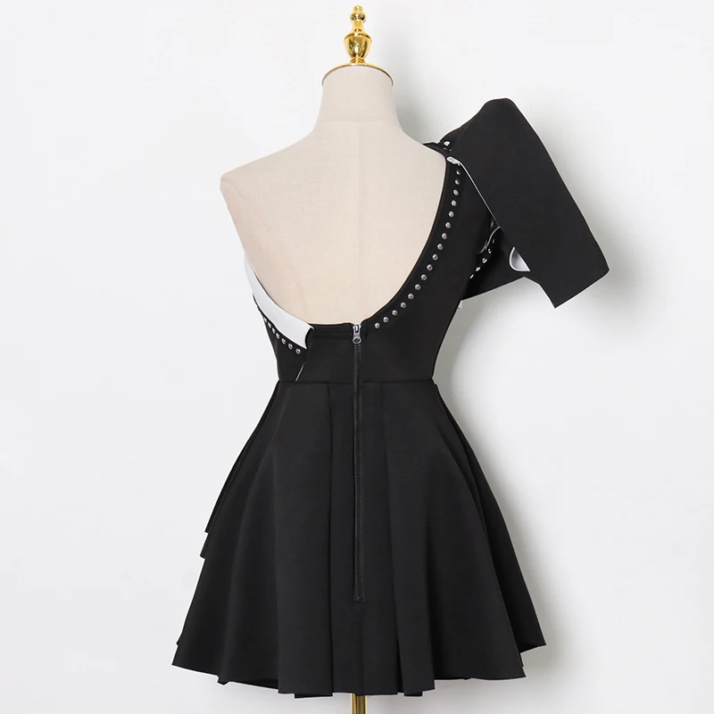 

VGH Hit Color Patchwork Diamonds Ruffles Dress For Women Diagonal Collar One Shouder Off High Waist Elegant Dresses Female 2021