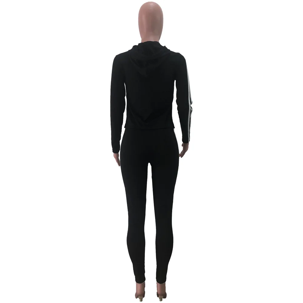 

White Striped Patchwork Crop Top and Stretchy Leggings Two Piece Set Solid Long Sleeve Women Skinny Workout Lounge Matching Set