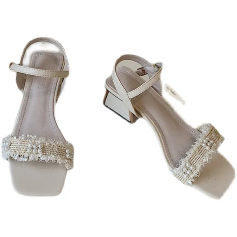 

Comfort Shoes for Women 2021 Summer Square Toe Cross Block Heels Sandals Straps All-Match Med Cross-Shoes Suit Female Beige Chun