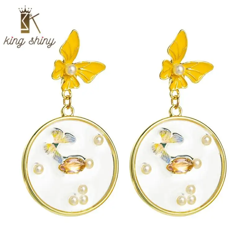 

Elegant Korean Butterfly Shape Dangle Earrings for Woman Vintage Geometric Big Round Simulated Pearl Drop Earrings Woman Brincos