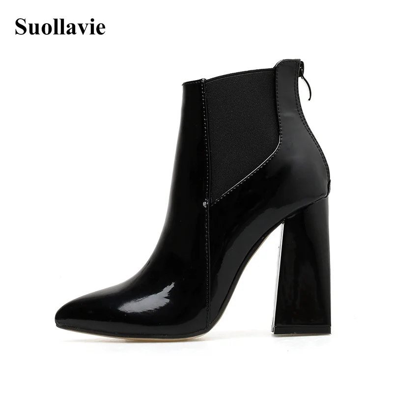 

2019 New Antumn Women's Boots PU Leather Zipper Ankle Boots Thick Heel High Heels Martin Boots Black Shoes Size35-42