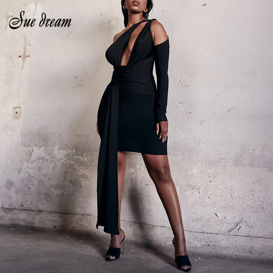 Женское Бандажное платье с длинным рукавом черное облегающее мини-платье для