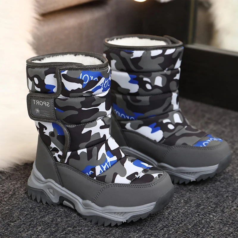 Botas de invierno para ni&ntilde;os, botines de terciopelo c&aacute;lido para la nieve, forro de algod&oacute;n, zapatos de cuero a prueba de agua para ni&ntilde;os, suministros de actividades al aire libre-1