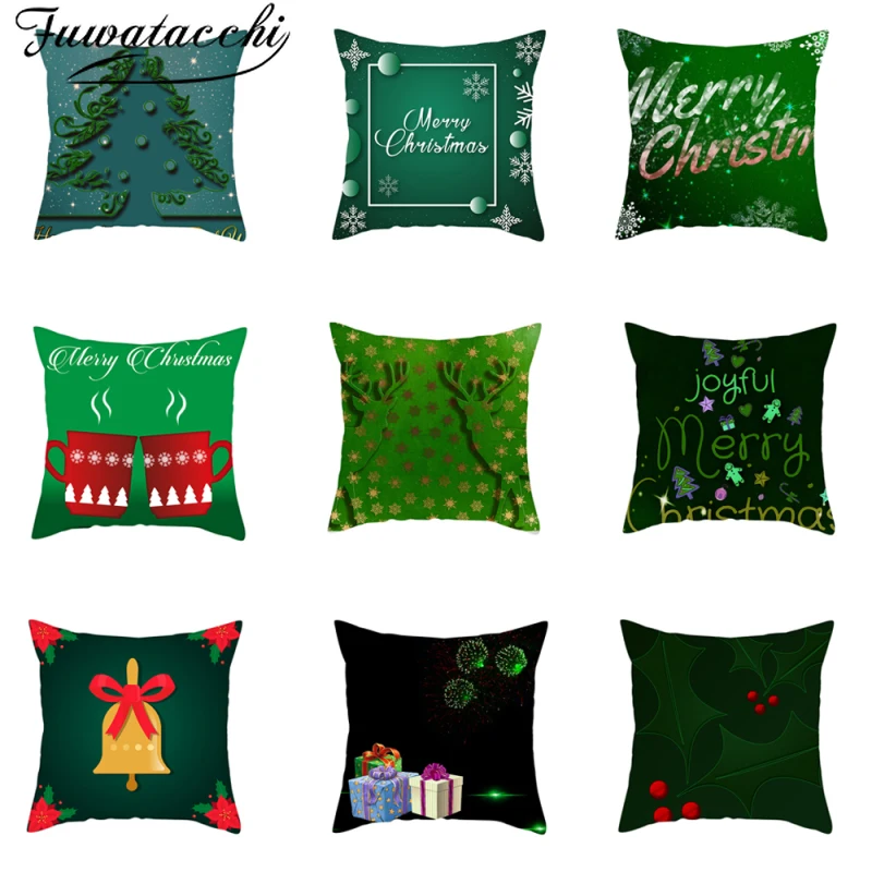 

Fuwatacchi Merry Christmas Cushion Cover Green Xmas Print Pillowcases For Home Sofa Chair Decorative Pillow Cover Fundas Cojines