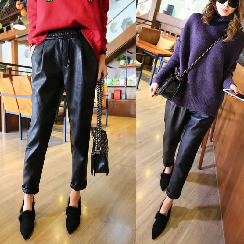 Повседневные однотонные шаровары из искусственной кожи на молнии свободные