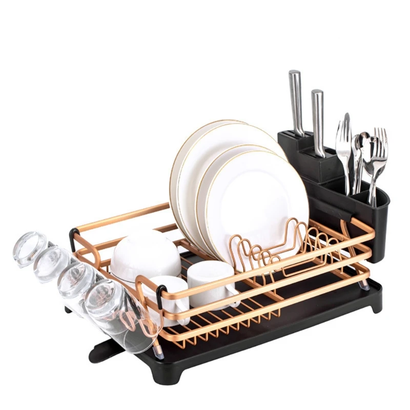 

D08D Aluminum Dish Drying Rack with Drainboard Tray Adjustable Swivel Spout Plate Bowl Cup Shelf Removable Cutlery Holder