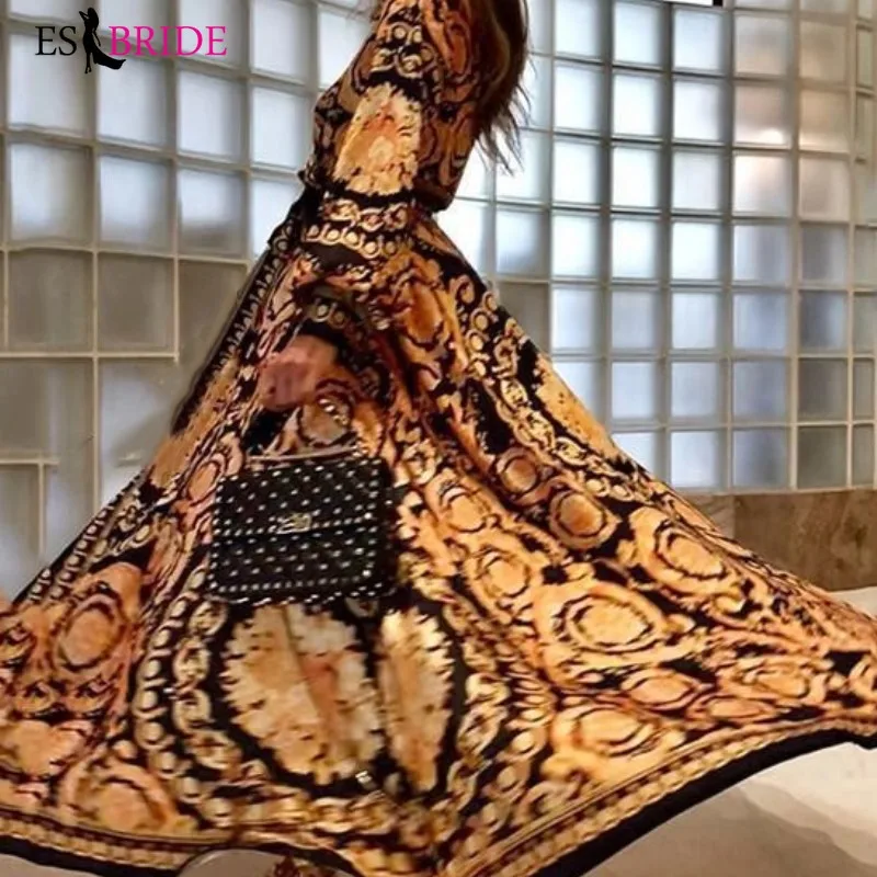 Женское вечернее платье золотистого цвета роскошное элегантное черное с принтом