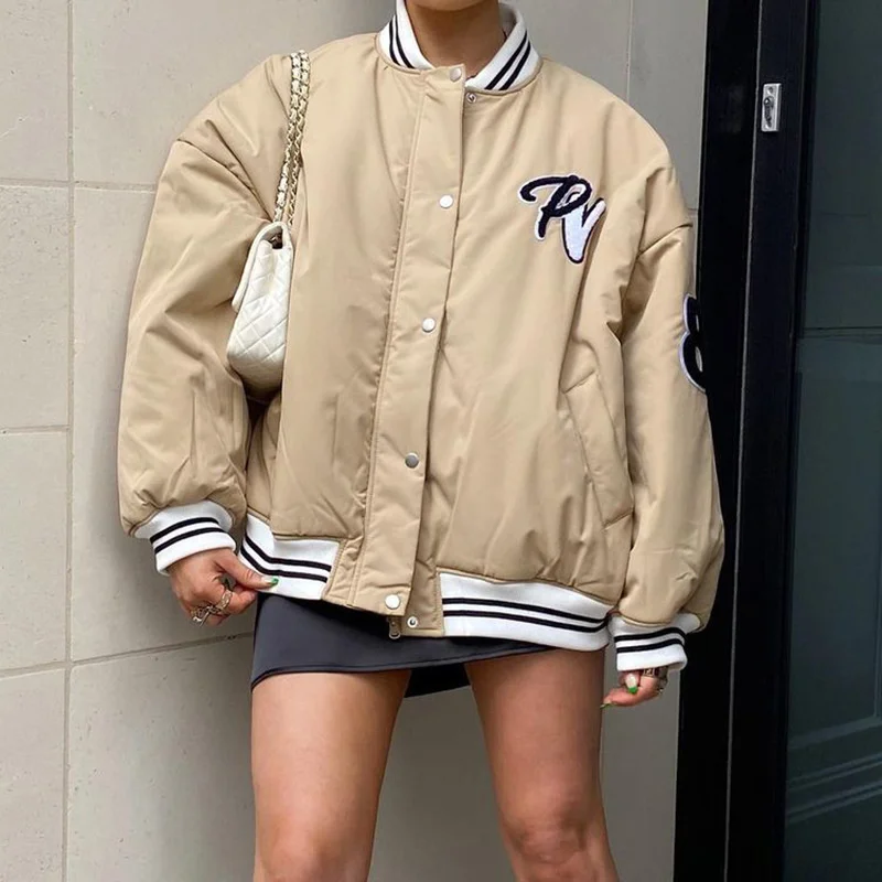 

Varsity Jacket women Streetwear Letter Embroidery Loose Khaki Baseball Autumn Jacket BF Stitching Bomber Coat Outwear Harajuku