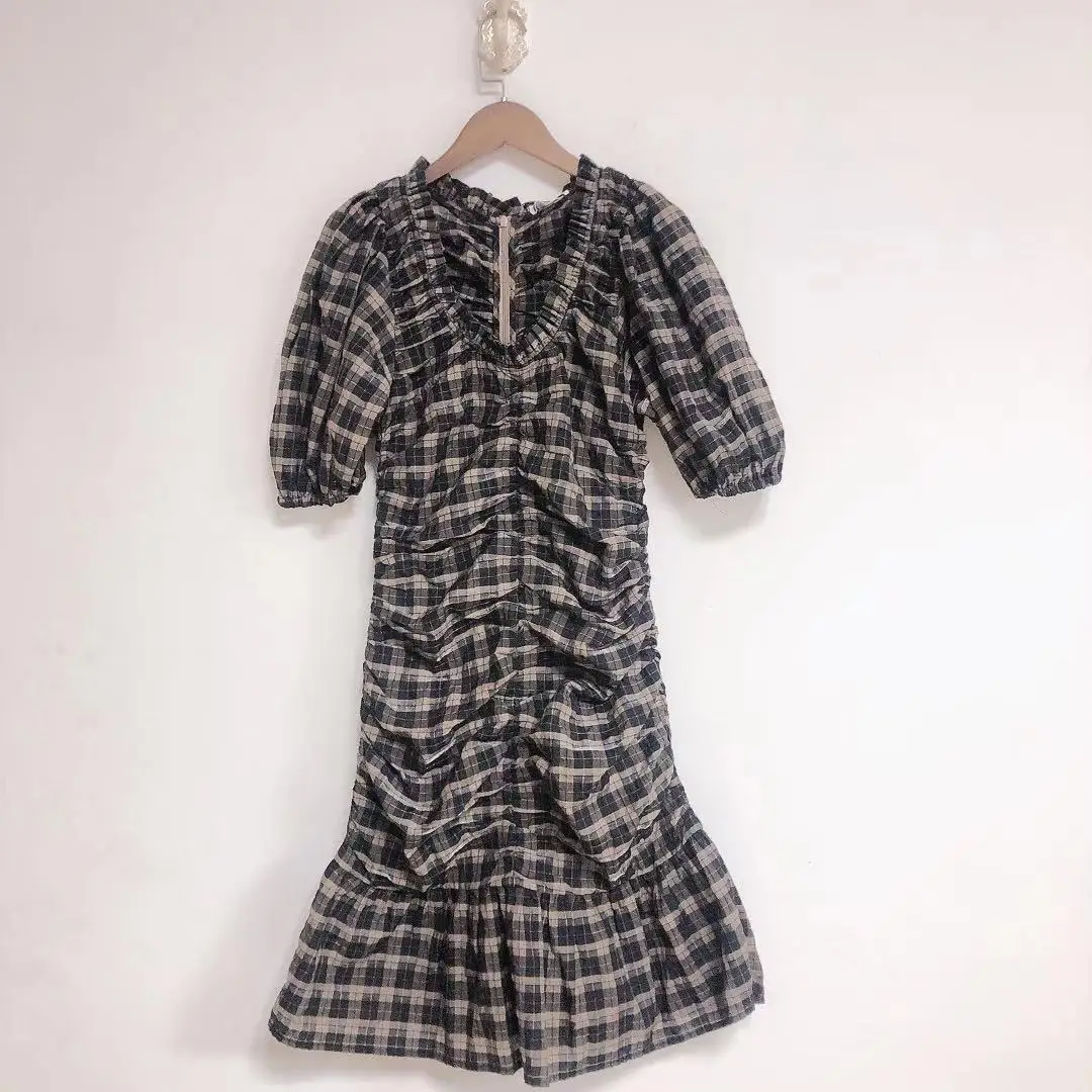 

Women Dress 2021 Spring and Summer New Ladies Stitching Plaid Dress