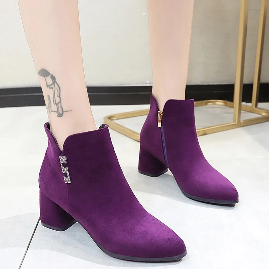 Женские замшевые ботильоны на молнии толстом каблуке короткие теплые ботинки