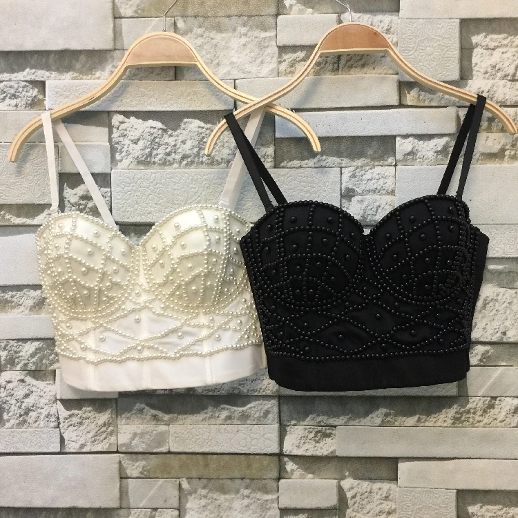 

New White Pearls Bralet Corselets Women's Party Wedding Bustier Bra Cropped Top