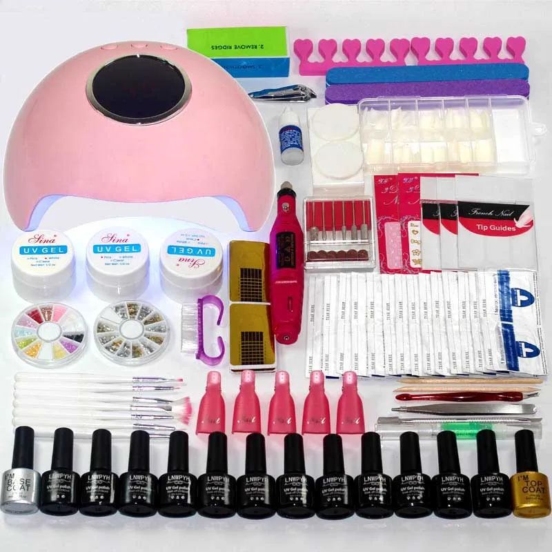 24W led W Nail set Маникюрный набор на выбор, 12/10 цветов, Гель-лак, основа, верхнее покрытие, набор для ногтей, 24 Вт/48 Вт/54 Вт, УФ светодиодная лампа, электрическая ручка для маникюра, набор для дизайна ногтей - Цвет: 24W led W Nail set