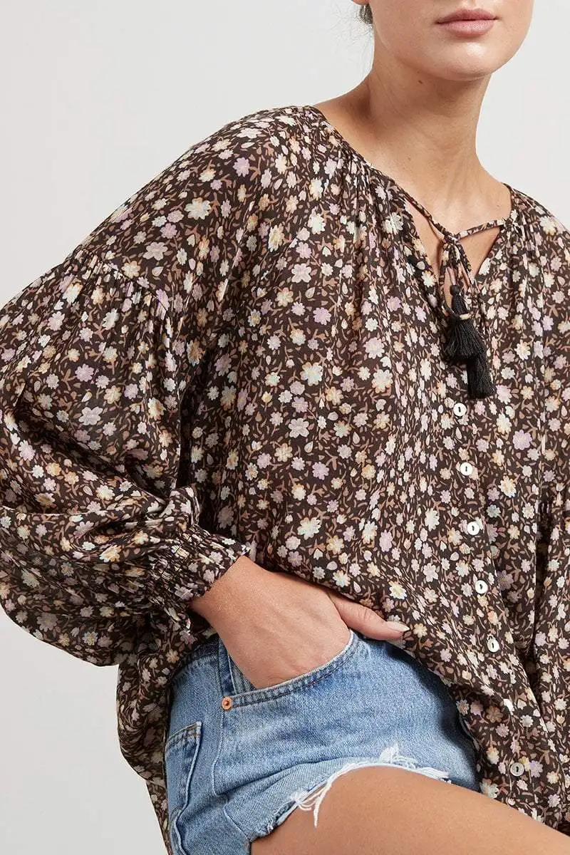 

Super Chic black floral Women Shirt for women V-neck tassle long sleeve bohemian style cotton shirt tops spring summer blouse