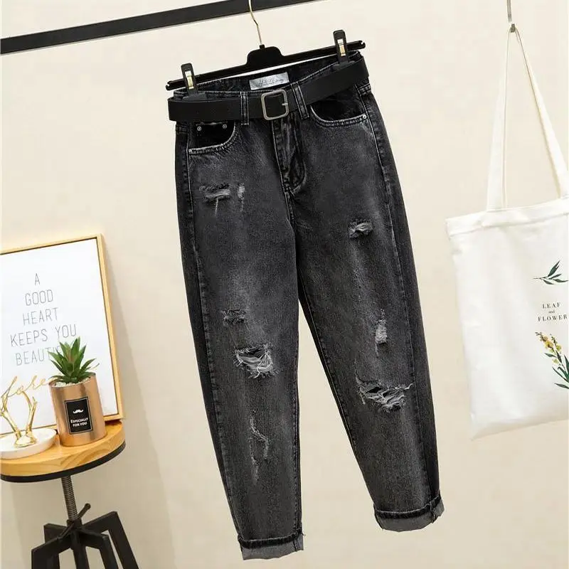 

Women's Spring Gray Ripped Jeans Loose High-waisted Straight-leg Harem Pants Fashion Casual All-match Boyfriend Denim Trousers