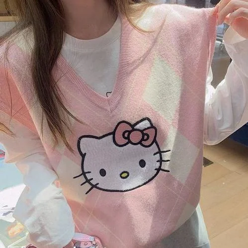 

Kawaii Sanrio Hello Kitty Vest Top Sweater Co Branded Warm Y2K Knitted Sister Style Age Reduce Vitality Girl Contrast Vest