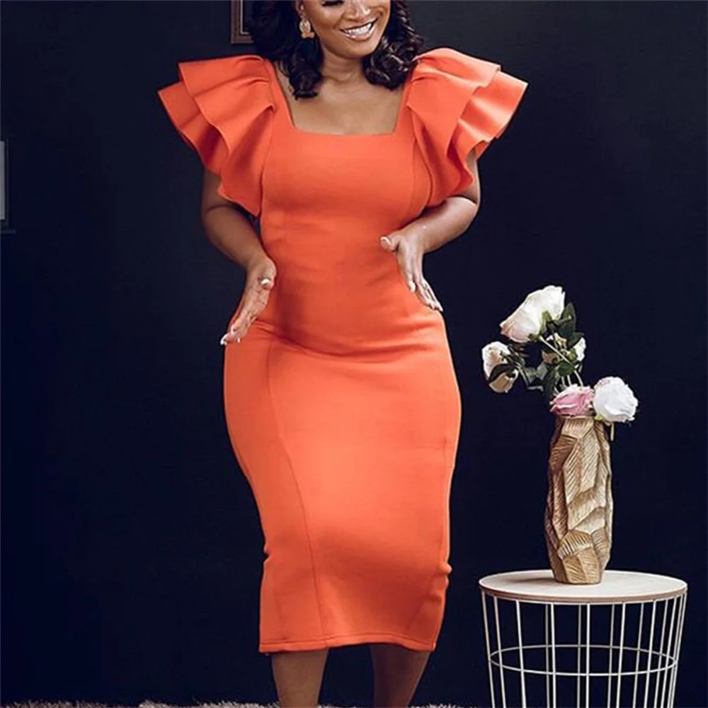 

Elegant Dresses For Women Square Neck Bodycon Mid Calf Ruffles Orange Evening Night Party Dinner Vestidos Mujer Dresses Midid ol