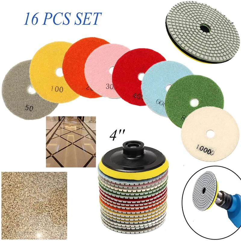 

16Pcs 4 Inch 100mm Diamond Polishing Pads Kit Wet Dry For Granite Stone Concrete Marble Polishing Use Grinding Discs Set
