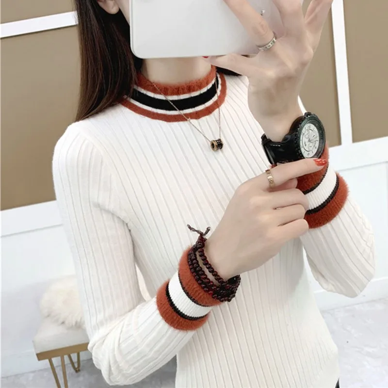 

Women Patchwork Sweater Female Pullover Jumper Long Sleeve Thick Winter Clothes Korean Turtleneck Knit Sweaters