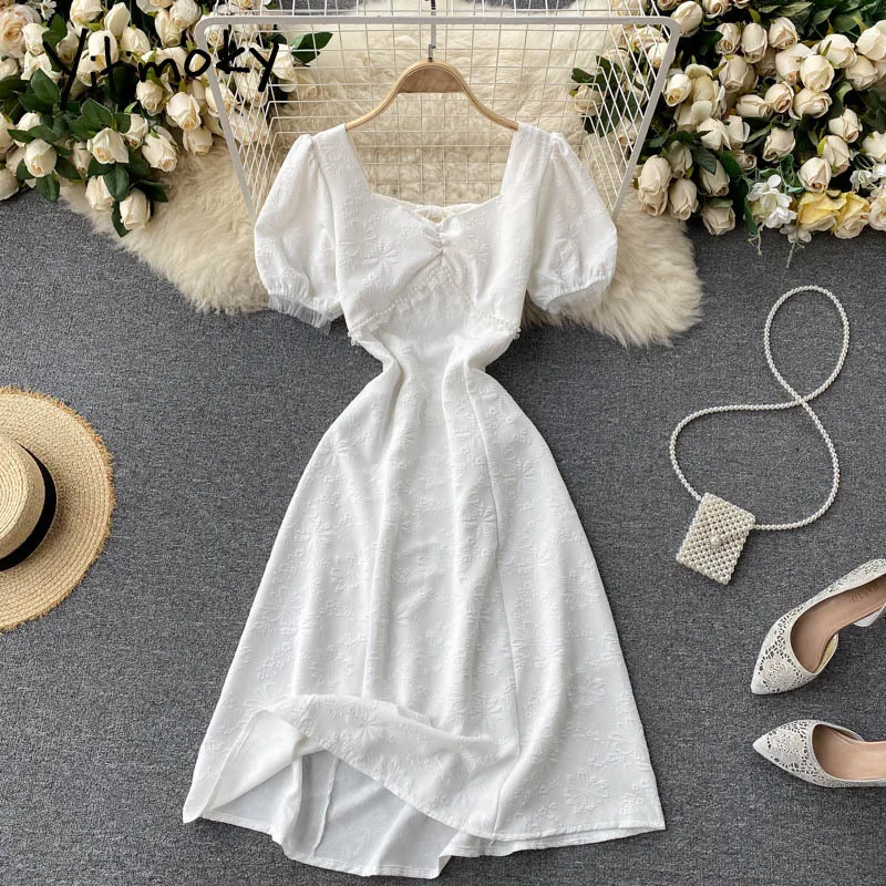 

Женское платье с открытой спиной Yitimoky, однотонное белое платье-трапеция с высокой талией, пышными рукавами и квадратным вырезом, лето 2021