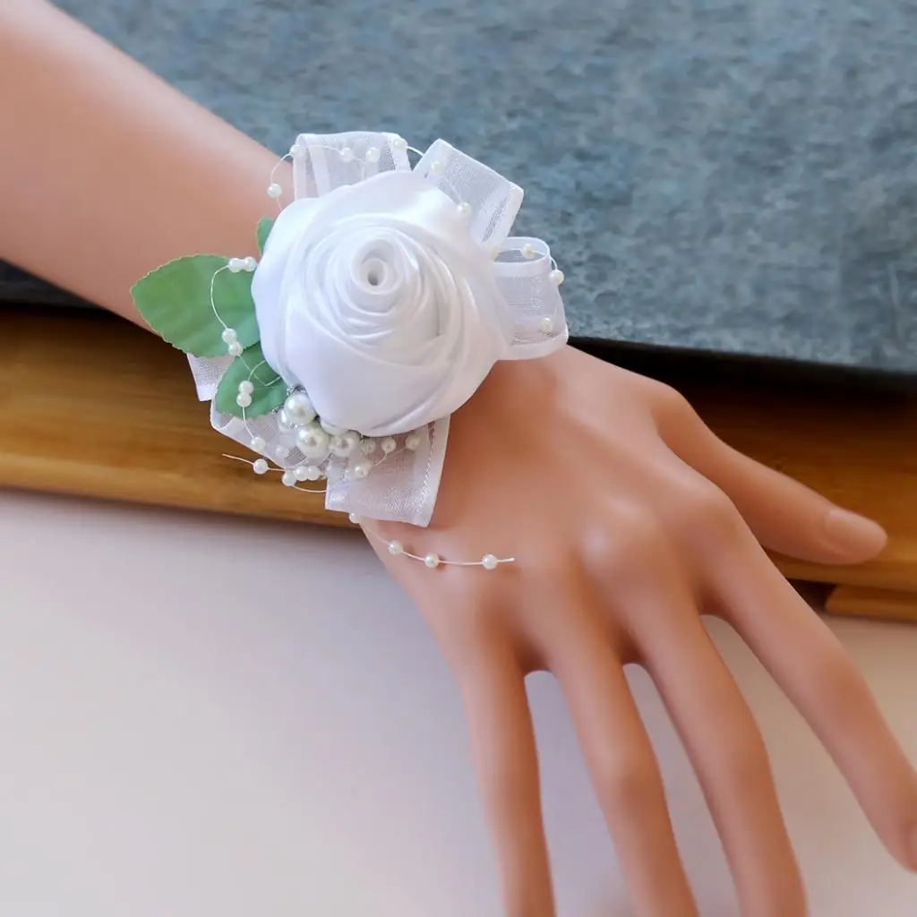 

Romantic Beaded Wrist Corsage Bracelet Bridesmaid Rose Hand Flower