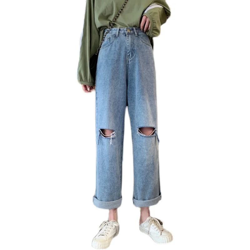 

Women's Denim ripped trousers Fall Cost-Effective Early Autumn High Waist Slimming Holes Denim Length Loose Straight Pants