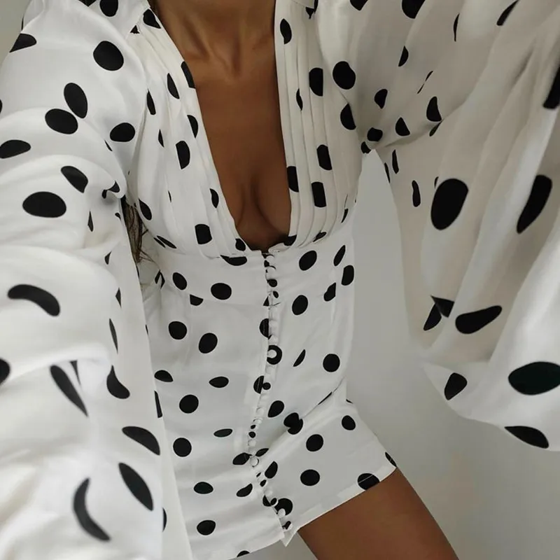 

NEW Long Sleeve Elegant Polka Dot Women Dress Print White Female Mini Dress Sexy Deep V Neck Party Dress Vestido De NEW