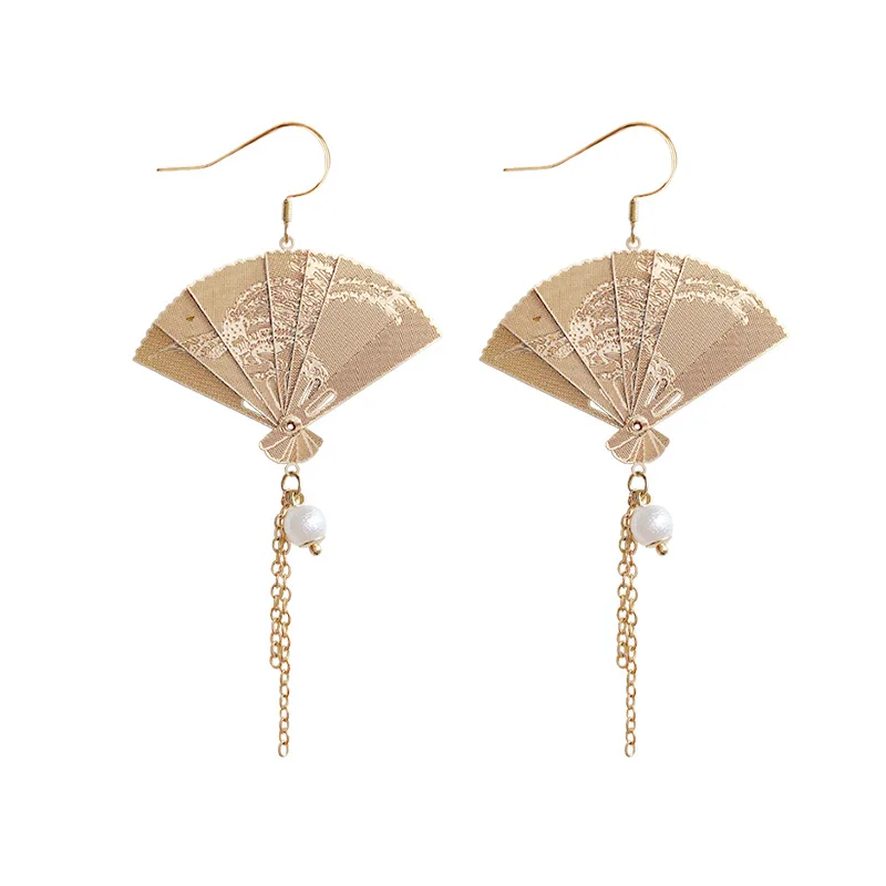 

2020 New Hand Folding Chinese Style Antique Metal Fan Folding Fan Earrings and Tassel Pearl Earrings