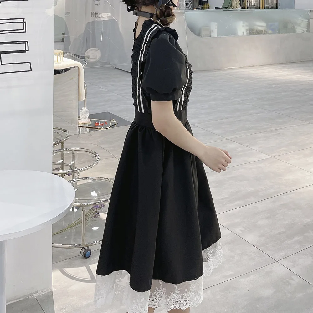 

High Street Fashion 2021 Women's Dress Summer Lace Splicing Casual Retro Fungus Retro Square Collar Puff Sleeve