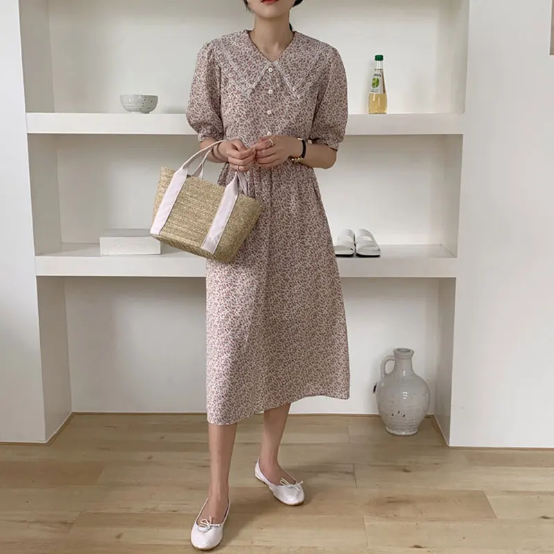 Длинные женские платья с пышными рукавами Цветочное платье кукольным воротником