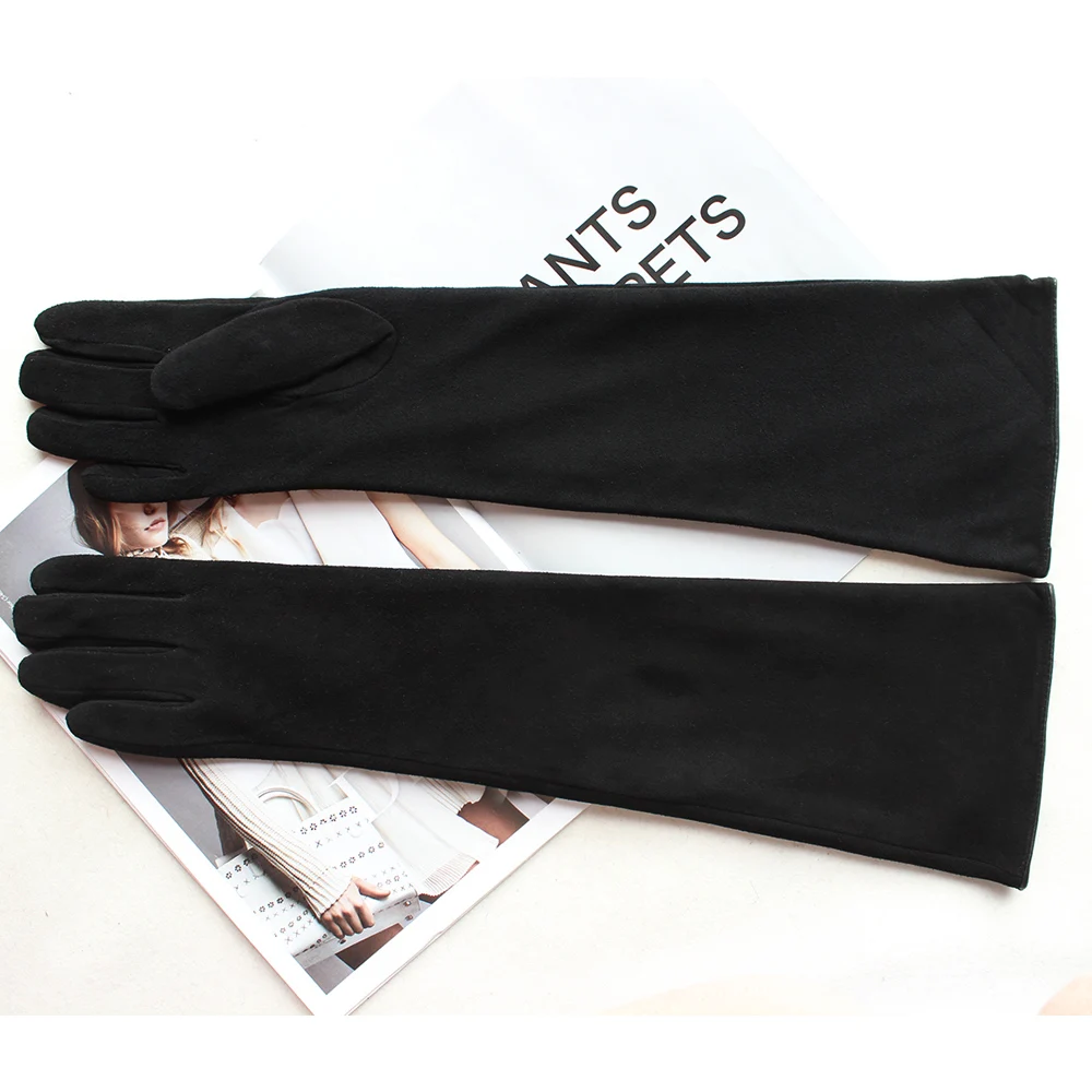 Новые женские длинные Замшевые Кожаные перчатки черные прямые бархатные уличные