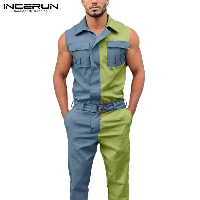 

Модные мужские лоскутные брюки карго комбинезоны для девочек с отложным воротником, без рукавов, на молнии, с карманами и комбинезоны Уличн...