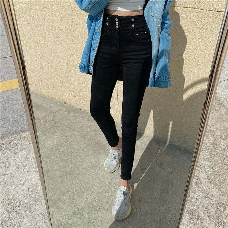 

Lucyever Plus Velvet High Waist White Pencil Pants Women 2021 Fashion Match-all Denim Pants Womens Korean Style Slim Fit Jeans
