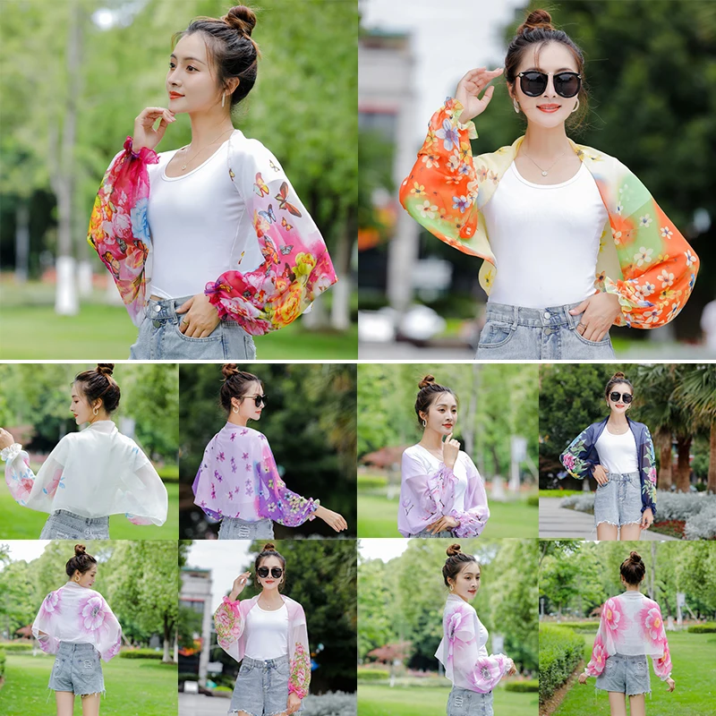 

Summer New Chiffon Scarf For Women Ruffles Long Sleeve Shawls Driving Cycling Sunscreen Print Floral Lace Perspective Arm Sleeve