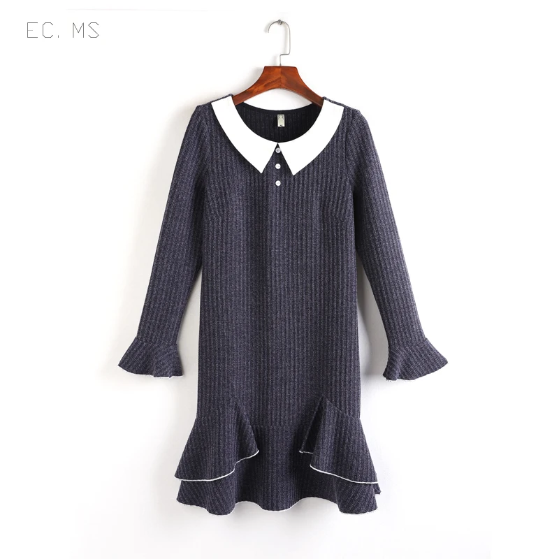 EC.MS Женское Платье Falbala белый доллар воротник крышка живота Bodycon платья | Женская