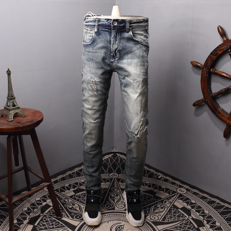 Итальянский стиль модные мужские джинсы Ретро синие потертые рваные эластичные