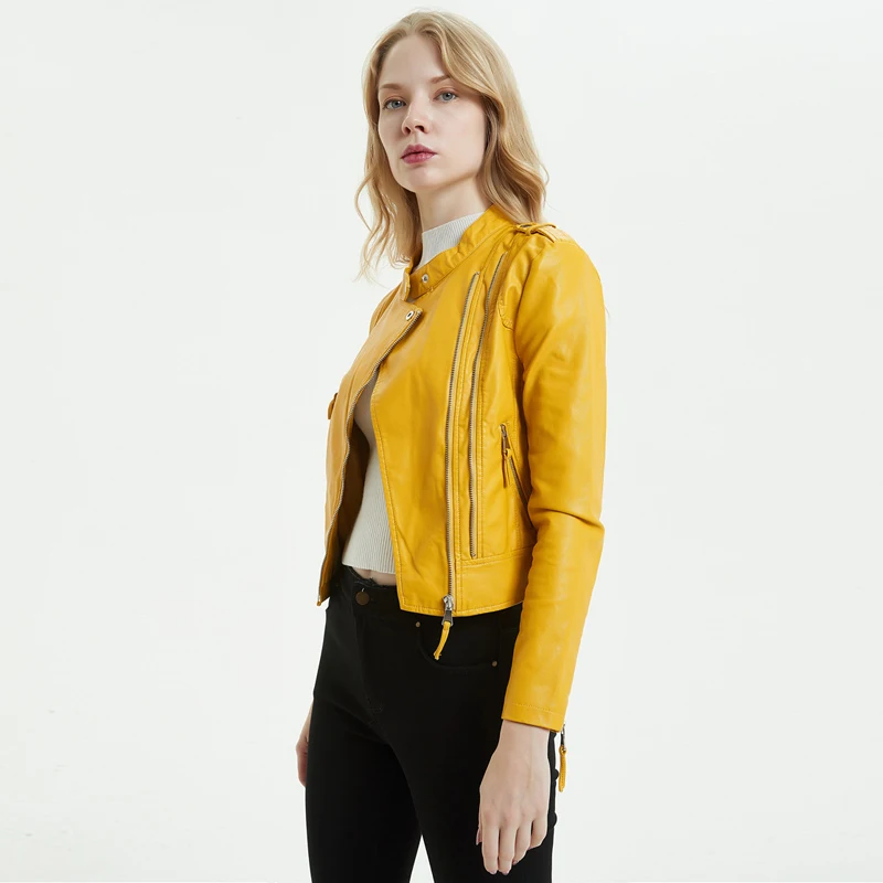 2020 Весенняя женская куртка veste femme желтая черная кожаная Модные повседневные