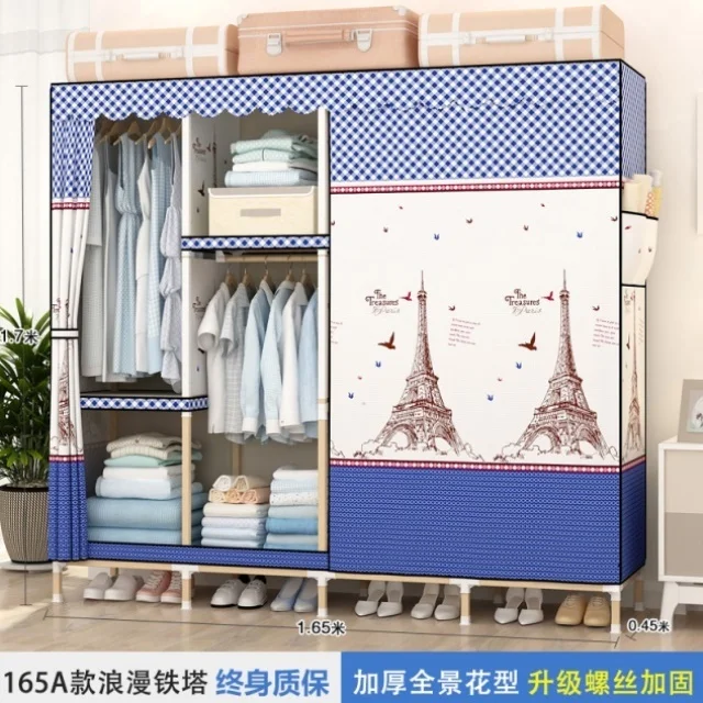 

Solid wood wardrobe assembled Oxford cloth simple modern economic home storage hanging wardrobe
