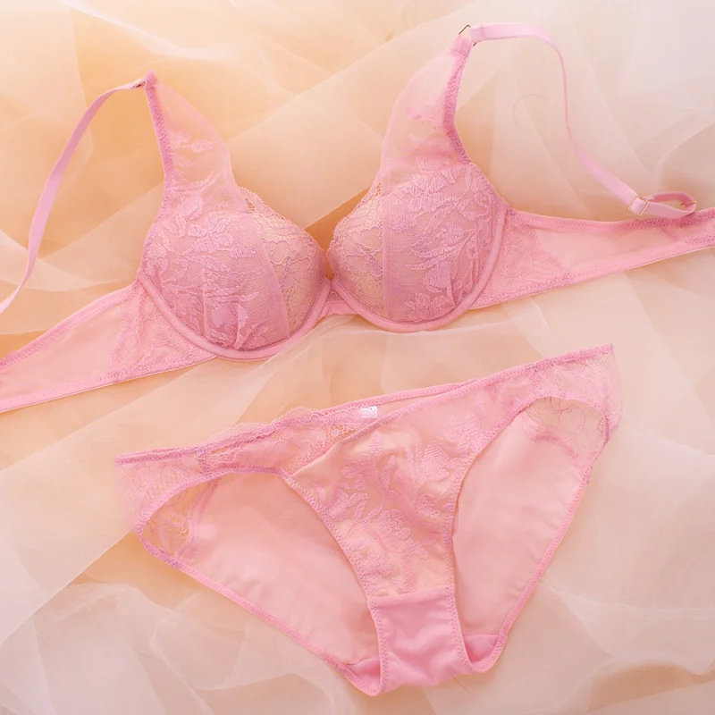 French Super Push Up Bra Small Breasts Sexy Ultra Thin Fashion Floral Flower Bra And Panty Set Lace Underwear Women Bralette New