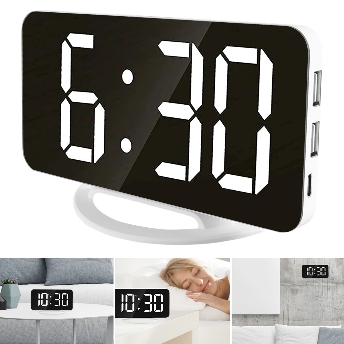 

Digital Alarm Clock LED Mirror Clock with Battery-Powered USB Charging Electronic Clock for Home Office