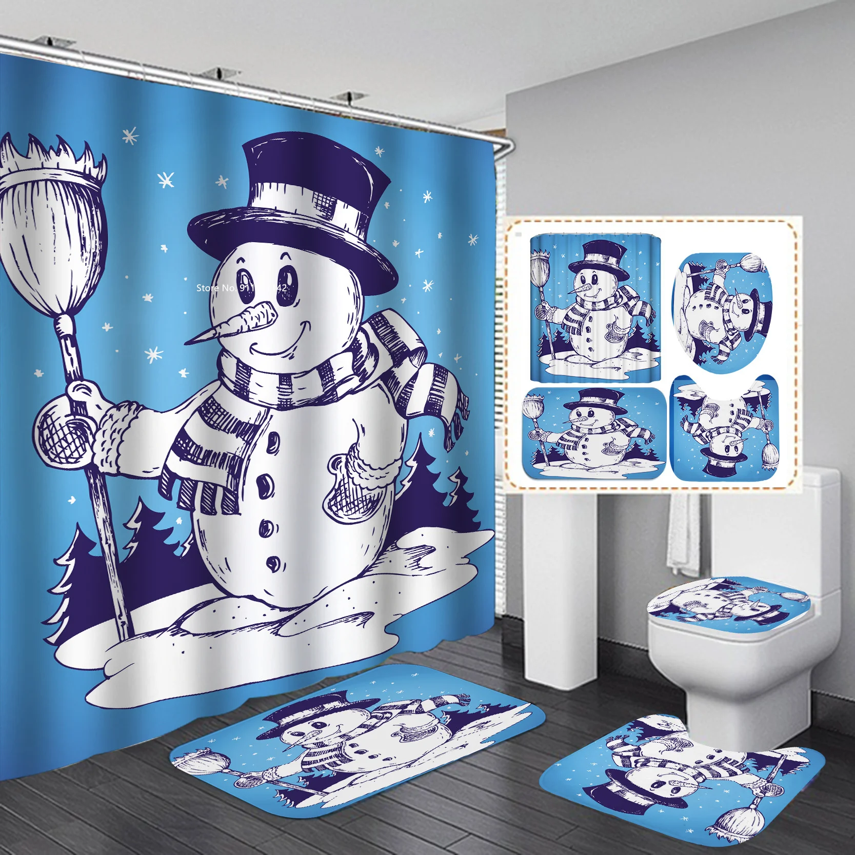

Children's Bathroom Snowman Printed Shower Curtain Dacron Waterproof Shower Curtain Bathroom Slip Mat 4-piece Set