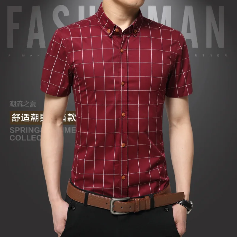 

100% Cotton Plaid Short-sleeved Shirt 2021 Summer New Youth Men's Half-sleeved Shirt Printing Casual Men's Clothing