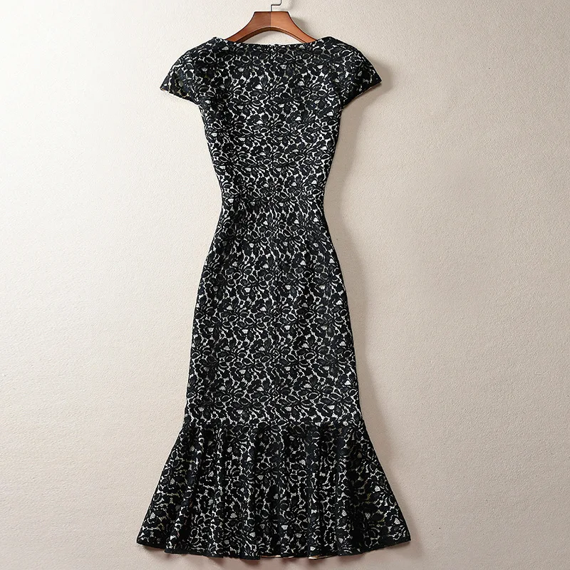 Платье-Русалка Женское кружевное средней длины с круглым вырезом и коротким