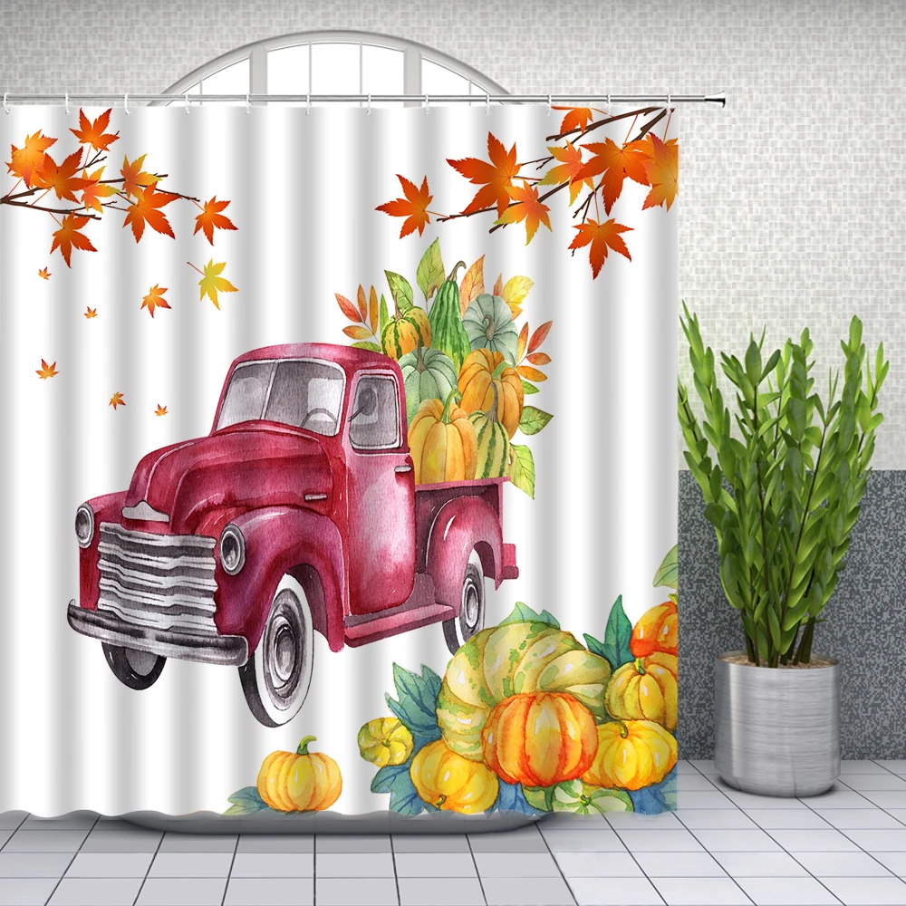 

Red Farm Truck Pumpkin Pattern Fabric Shower Curtains Autumn Maple Leaf Bath Decor Waterproof Polyester Cloth Hanging Curtain