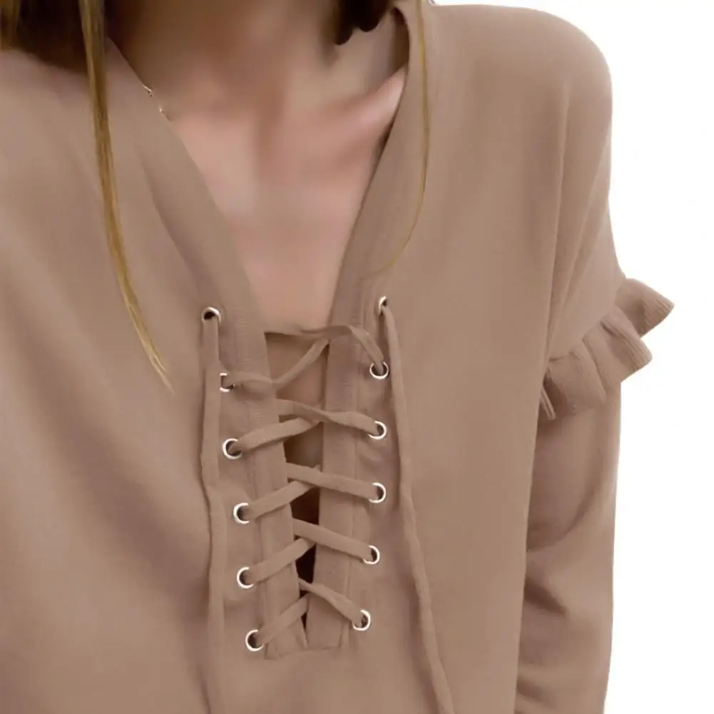 

Solid Color Blouses Woman Casual Long Sleeve Lace Up V-Neck Blouses Shirts for Women Loose Blouses Top Ladies Top femme blousas
