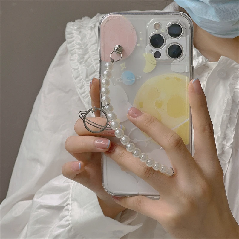 

Korean Cute Planet Bracelet Phone Case for iPhone 11 12 Pro XS Max X XR SE 7 8 Plus Cartoon Chain Soft Stockproof Back Cover